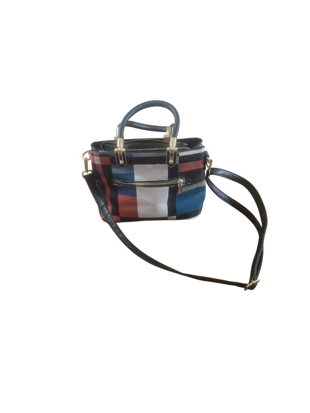Plaid Crossbody Handbag With Gold Accents Detachable Strap & Double Zipper Closu